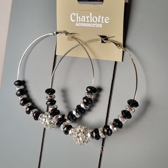 Large Black Beaded Hoop Earrings 3" Silver Tone Rhinestone Accent Pierced Trendy - Picture 3 of 8